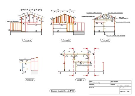 Plans et sections d'un bâtiment avec annotations techniques et dimensions.