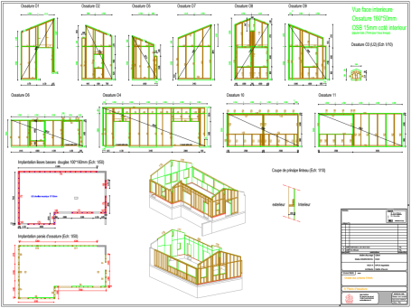 Plans de construction détaillés avec élévations et plans de structure en bois.